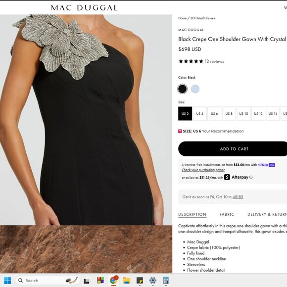 Mac Duggal Size 8 Black Crepe One Shoulder Crystal Flower Long Maxi Dress Gown - Picture 2 of 5